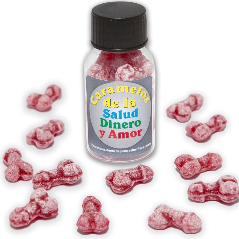 DIABLO PICANTE - 12 CARAMELLE SALUTE-SOLDI-AMORE A FORMA DI PENE FRAGOLA/CILIEGIA