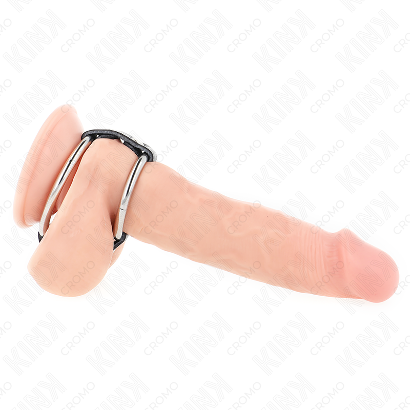 KINK - DOPPIO ANELLO PER PENE IN METALLO DA 3,8 CM A 5 CM COLLEGATO CON PELLE