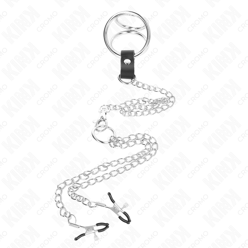 KINK - ANELLO PER PENE IN METALLO CROMATO TRIPLO DA 3,8 CM A 5 CM CON CATENA IN METALLO DA 26 CM E MORSETTI PER CAPEZZOLI MOD1