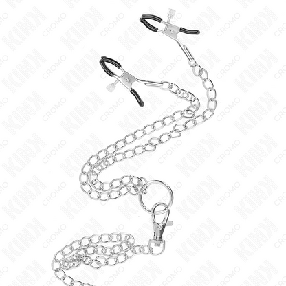 KINK - ANELLO PER PENE IN METALLO CROMATO TRIPLO DA 3,8 CM A 5 CM CON CATENA IN METALLO DA 26 CM E MORSETTI PER CAPEZZOLI MOD1