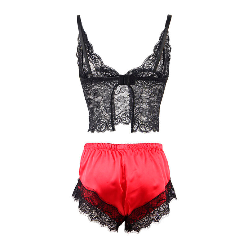 SUBBLIME - 953966 VESTAGLIA DA NOTTE CASUAL IN SETA + PANTALONI IN PIZZO NERO/ROSSO L/XL