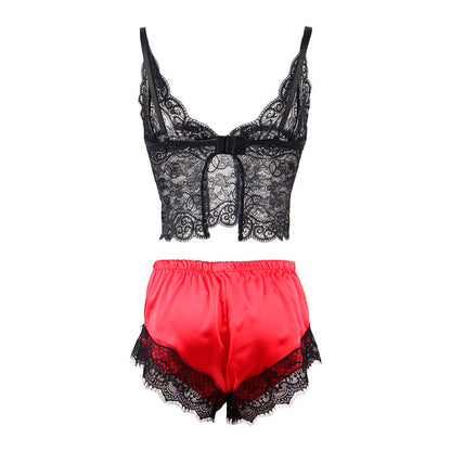 SUBBLIME - 953966 VESTAGLIA DA NOTTE CASUAL IN SETA + PANTALONI IN PIZZO NERO/ROSSO L/XL