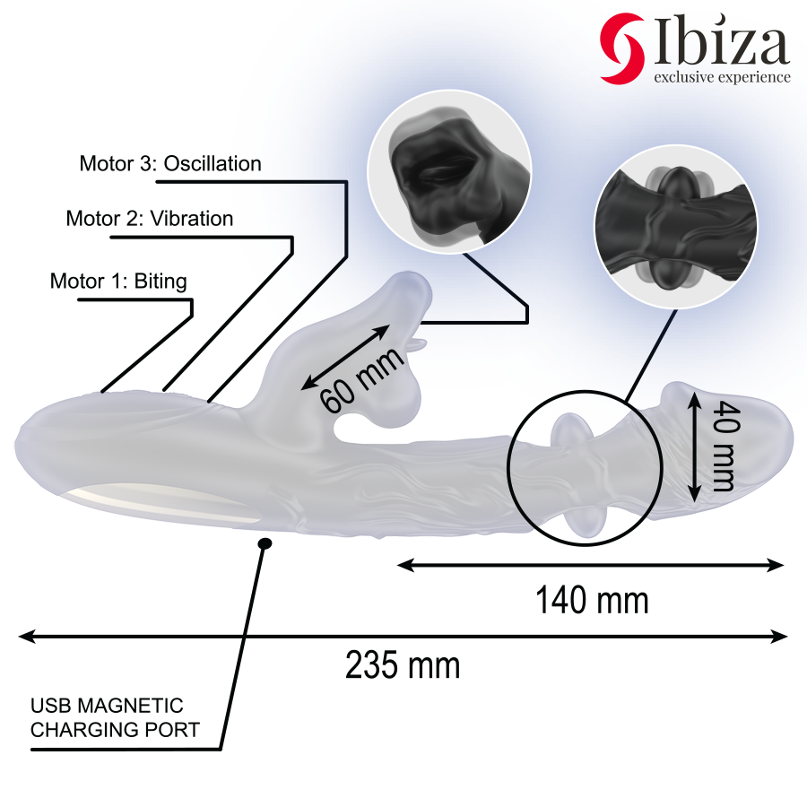 IBIZA - VIBRATORE E STIMOLATORE CLITORIDEO CON EFFETTO MORSO E ROTAZIONE